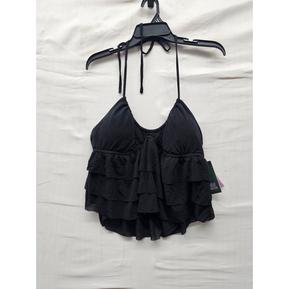 Wild Fable Womens Tiered Ruffle Halter Bikini Swim Top Black Polyester Size M